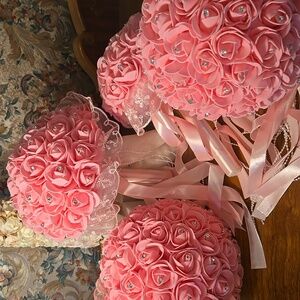 **4** BRIDESMAID BOUQUETS PINK ROSES w/RHINESTONE CENTERS- 8" ROUND